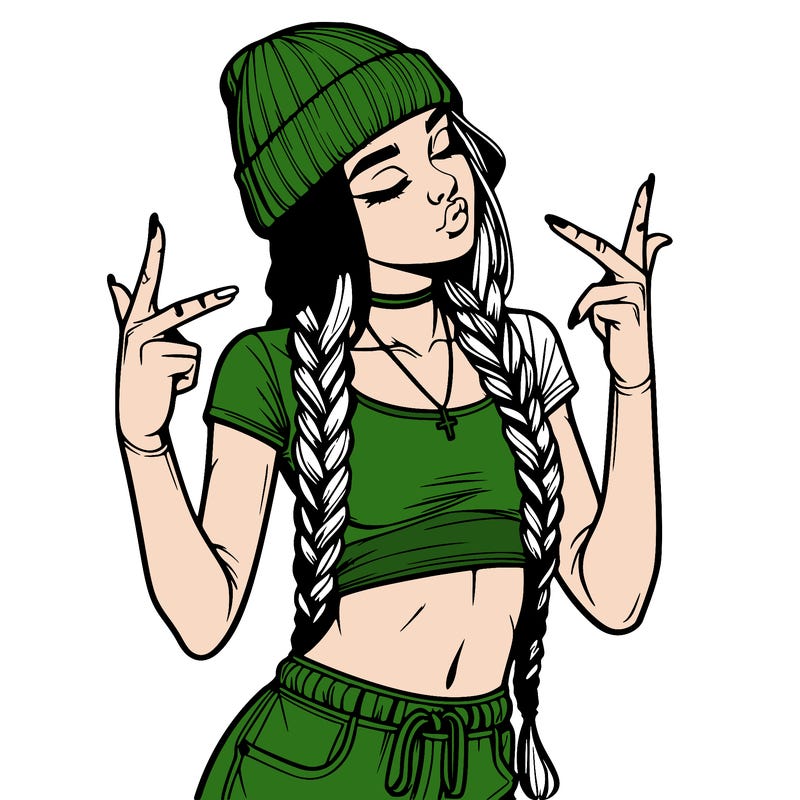 realistic teenage girl with braids and a beanie and crop top doing 🫶🏼