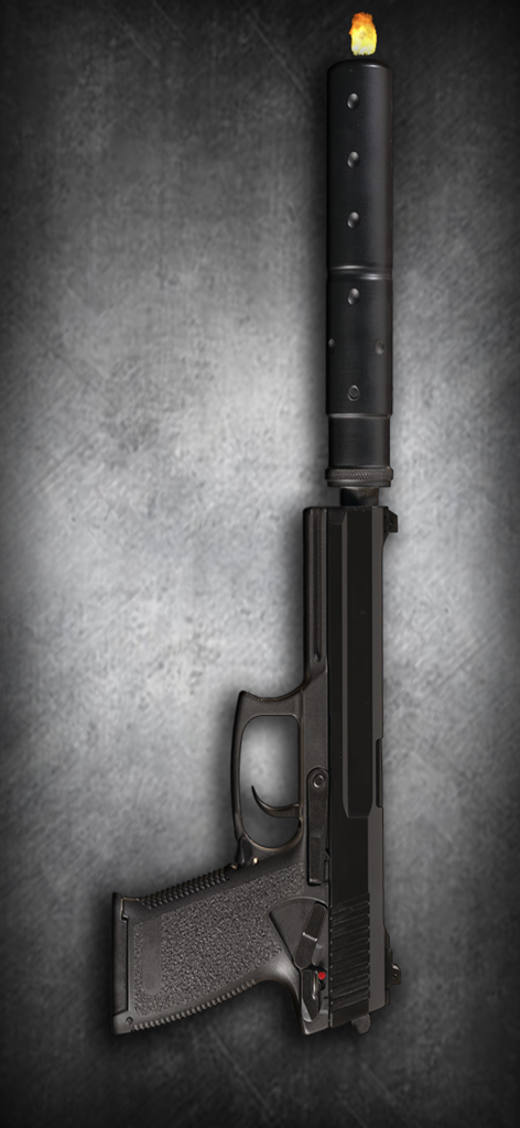 Fire Weapons Simulator - Uma pistola preta com um supressor grande e flash no cano em um aplicativo simulador de armas.