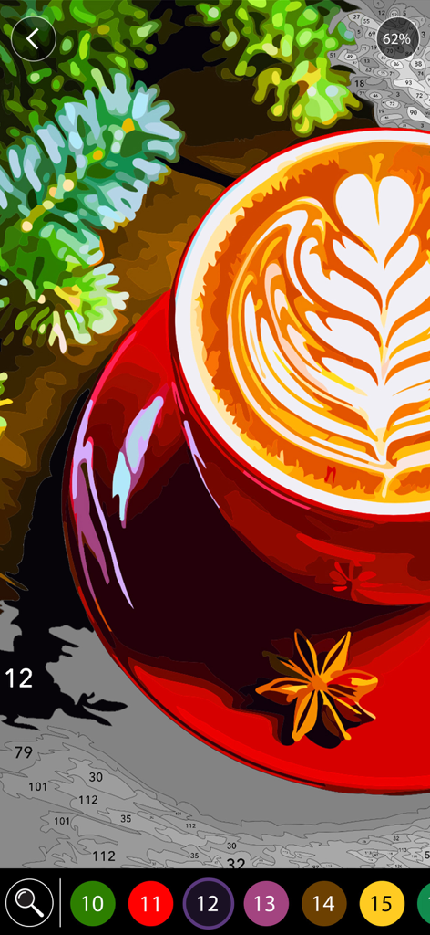 Christmas Paintings - Una página para colorear digital de pintar por números que presenta un acogedor latte con decoraciones navideñas festivas