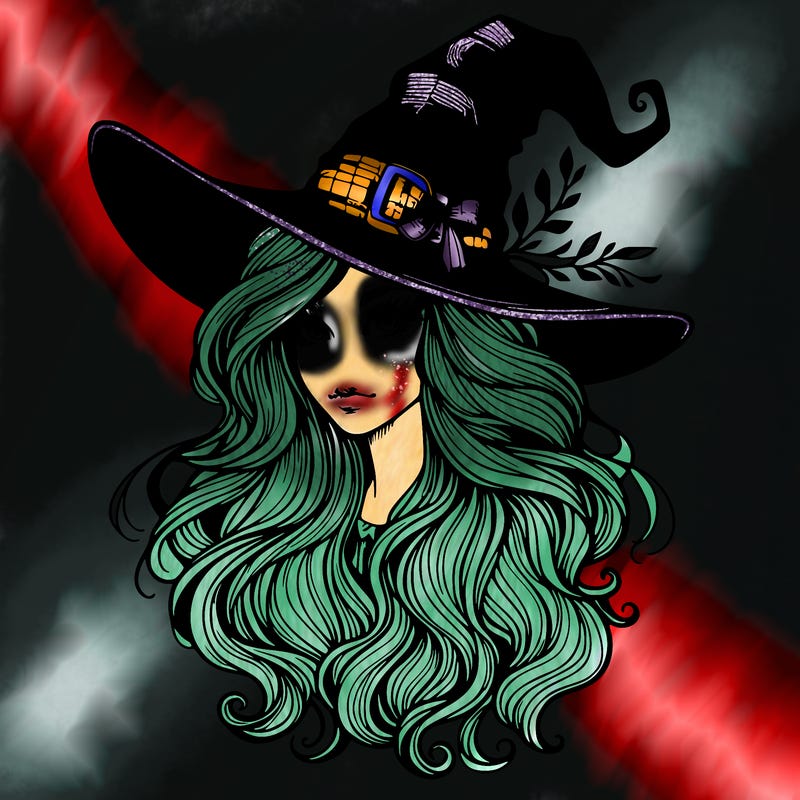 gorgeous realistic witch with long hair and with a witch hat