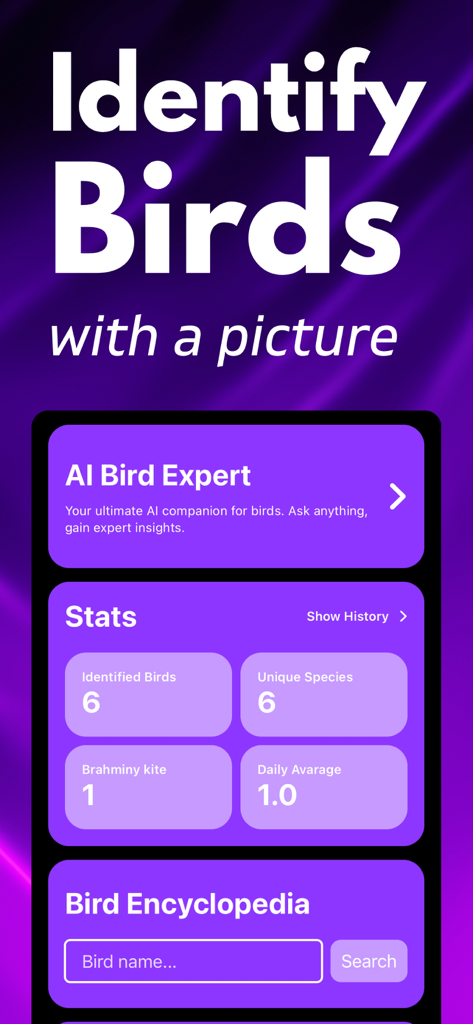Interfaz de la aplicación Bird ID que muestra estadísticas del experto en aves IA y búsqueda en la enciclopedia