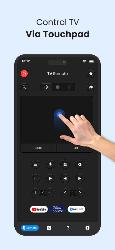 Universal TV Remote Control * - Pantalla de smartphone que muestra la aplicación Control Remoto Universal para TV con un gran panel táctil para navegar por los menús del Smart TV y varios botones de control.