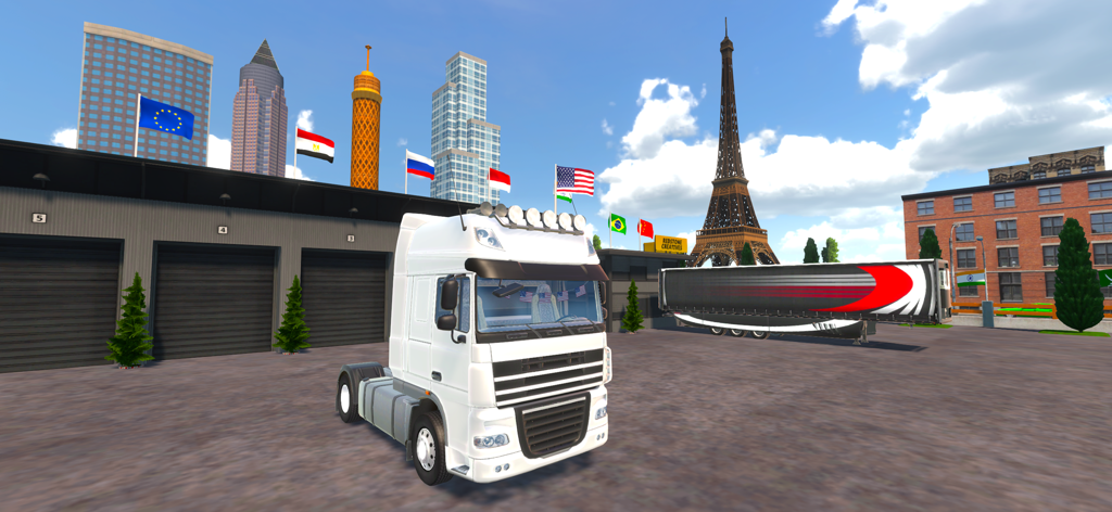 A white semi truck parked in a yard with international flags and global landmarks in the background