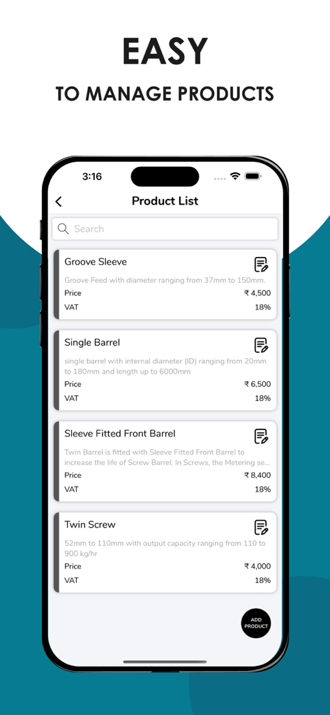 Quotation Maker - Interface de um aplicativo móvel exibindo uma lista de produtos pesquisável com descrições de itens e preços.