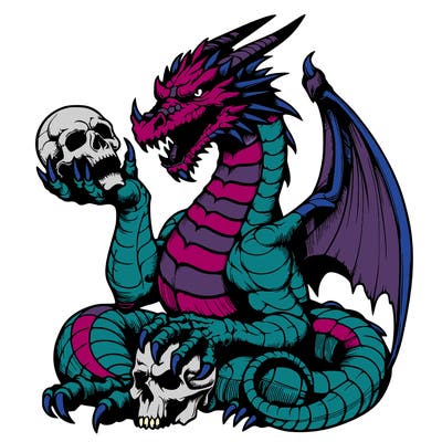 realistic dragon holding a skull in its claw