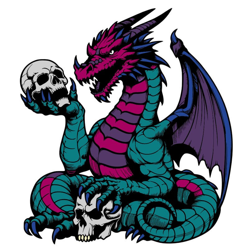 realistic dragon holding a skull in its claw