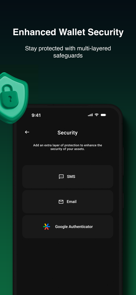 Coinmania app screen displaying multi layered wallet security options like SMS and Google Authenticator