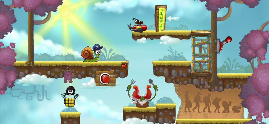 Snail Bob navigating a colorful 2D puzzle level with obstacles and levers