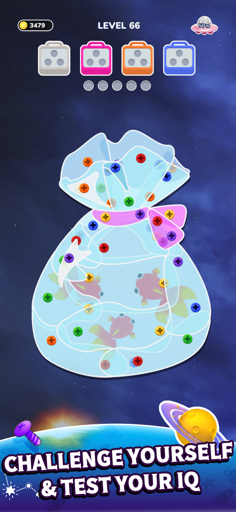 Screw Master: Color Nuts Jam - Gameplay of Screw Master Color Nuts Jam showing a logic puzzle with colorful screws and sorting boxes