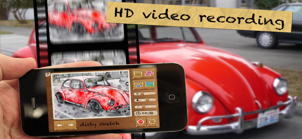 Un iPhone mostrando un coche rojo con un filtro artístico de boceto sucio y texto de grabación de video HD