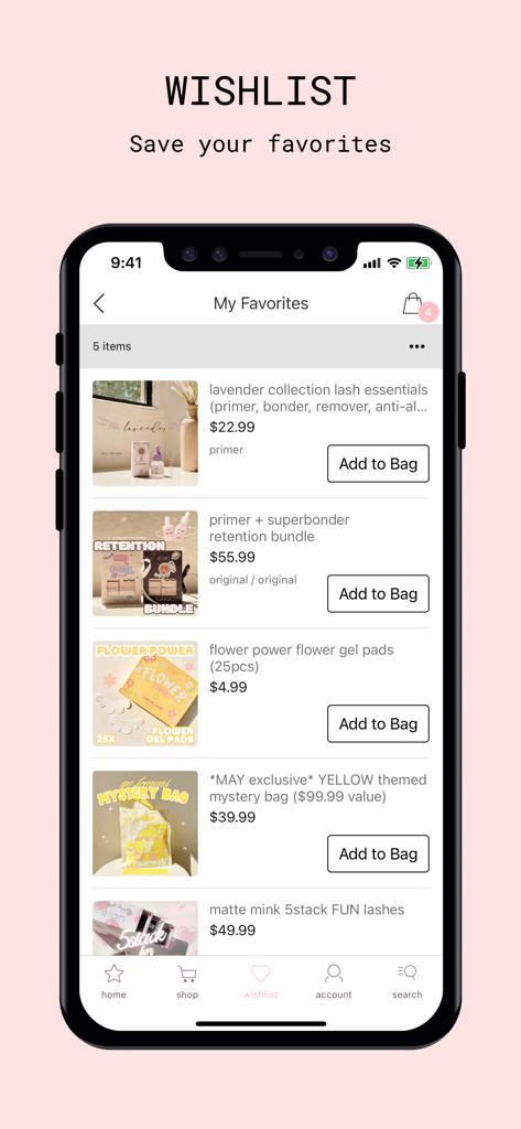 A screenshot of the elan beaute app showing a user's wishlist with various professional lash supplies like gel pads and lash extensions.