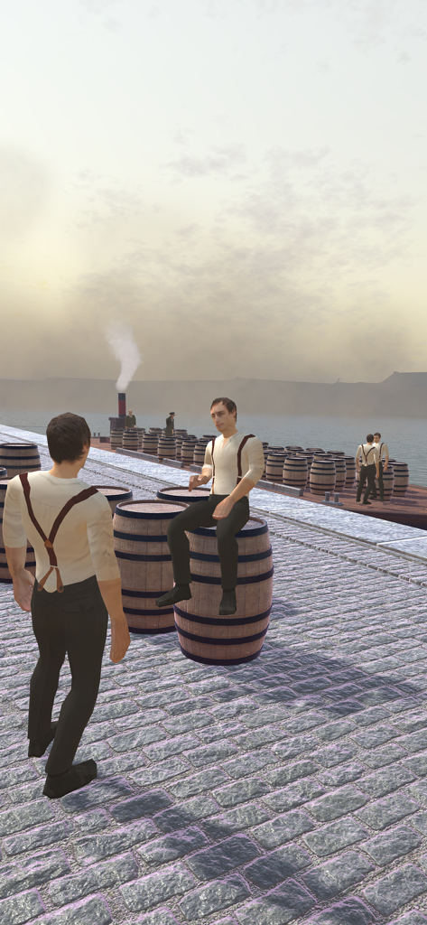 Dublin Discovery Trails - Historical 3D Augmented Reality scene of Dublin Docklands with workers and barrels on a cobblestone pier