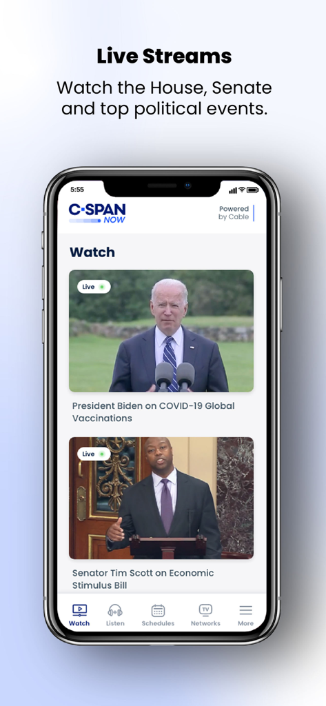 The C-SPAN Now app displaying live video streams of political events and congressional proceedings on a smartphone.