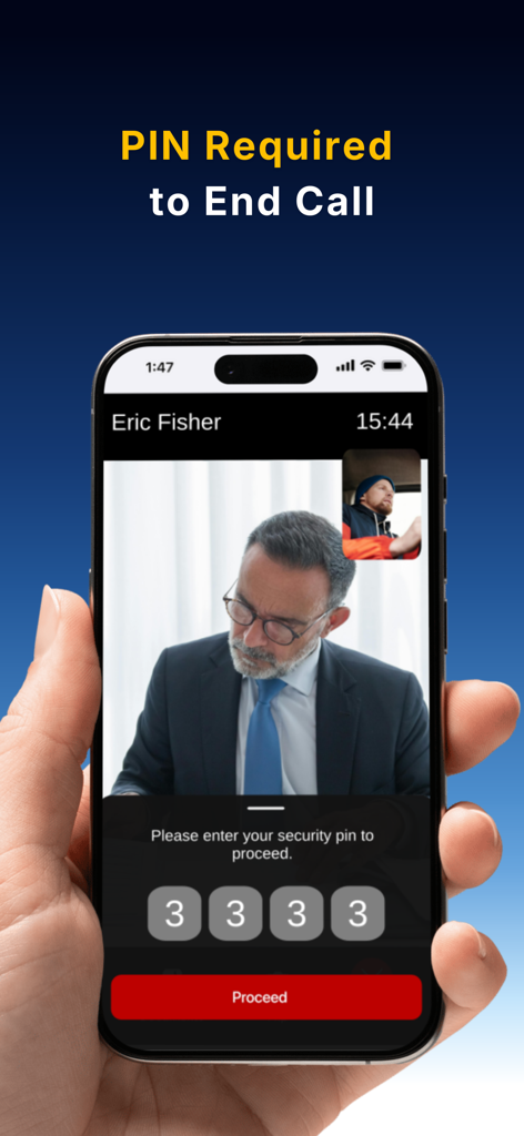 Attorney Shield Inc - La pantalla de un teléfono inteligente que muestra una solicitud de PIN de seguridad para finalizar una videollamada con un abogado.