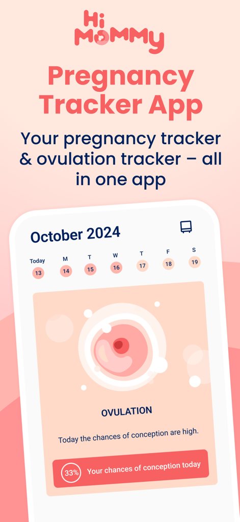 HiMommy: Ovulation & Pregnancy - HiMommy app showing pregnancy and ovulation tracking features with daily conception probability