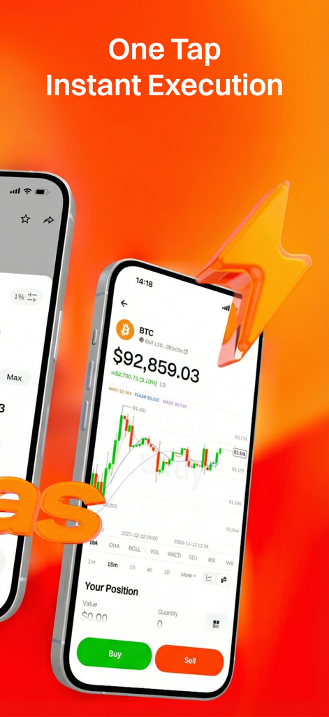 UXUY: Gasless On-Chain Trading - Mobile screen of UXUY app featuring Bitcoin trading chart and one tap execution