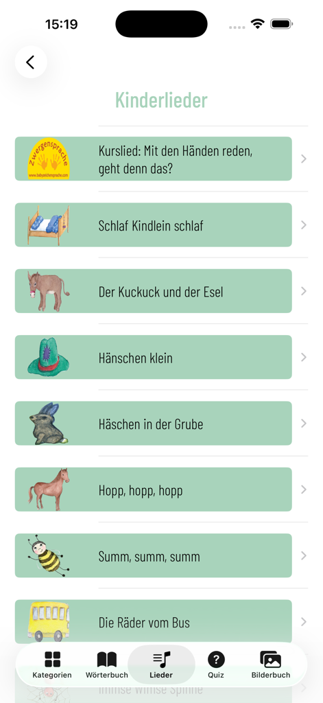 Babyzeichen Zwergensprache - A menu showing a list of German nursery rhymes with illustrations in the Babyzeichen Zwergensprache app
