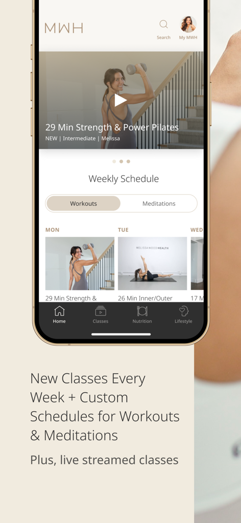 MWH app interface showing the weekly workout and meditation schedule with a featured pilates session