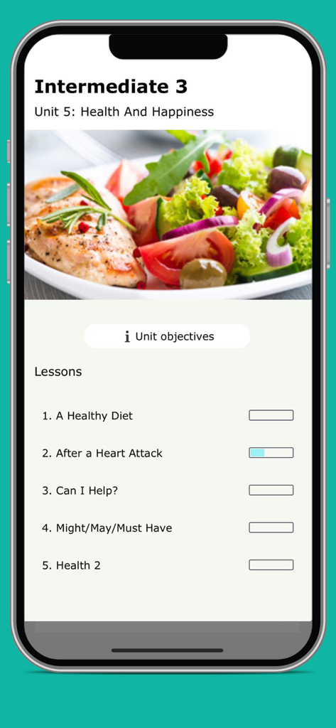 English Discoveries app showing an intermediate level unit on health and happiness with a list of lessons.