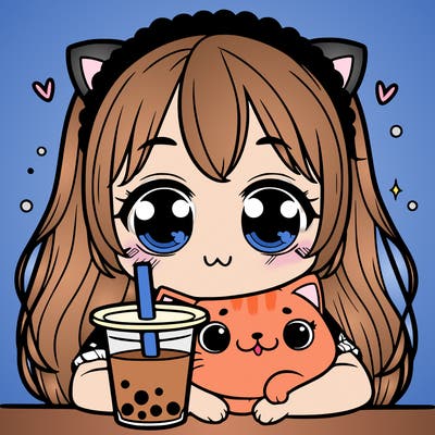 girl with a cat drinking boba