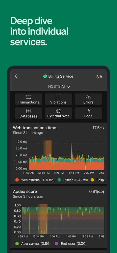Interface do aplicativo móvel New Relic mostrando métricas de desempenho e gráficos para um serviço de faturamento específico.