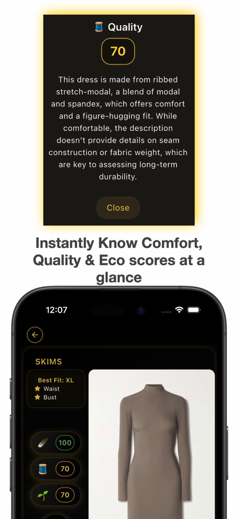 Outfit Generator - Vinchy - Vinchy app interface displaying comfort quality and eco ratings for fashion items