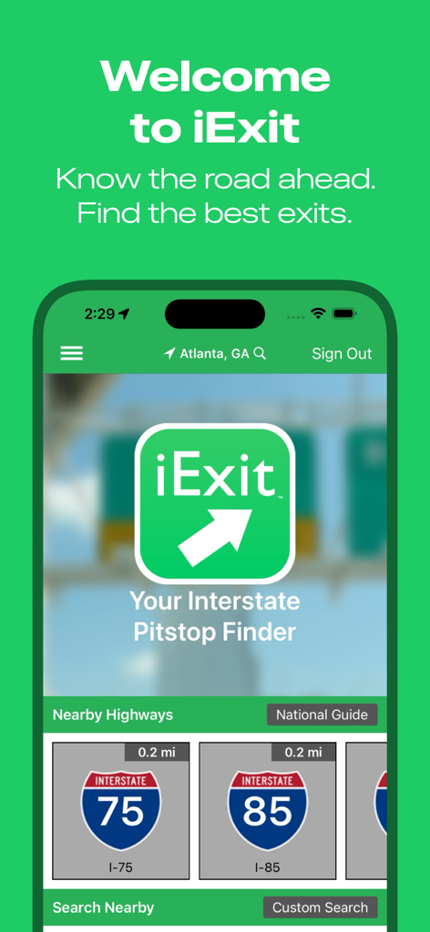 iExit Interstate Exit Guide - The welcome screen of the iExit app showing nearby highways and a pitstop finder message.