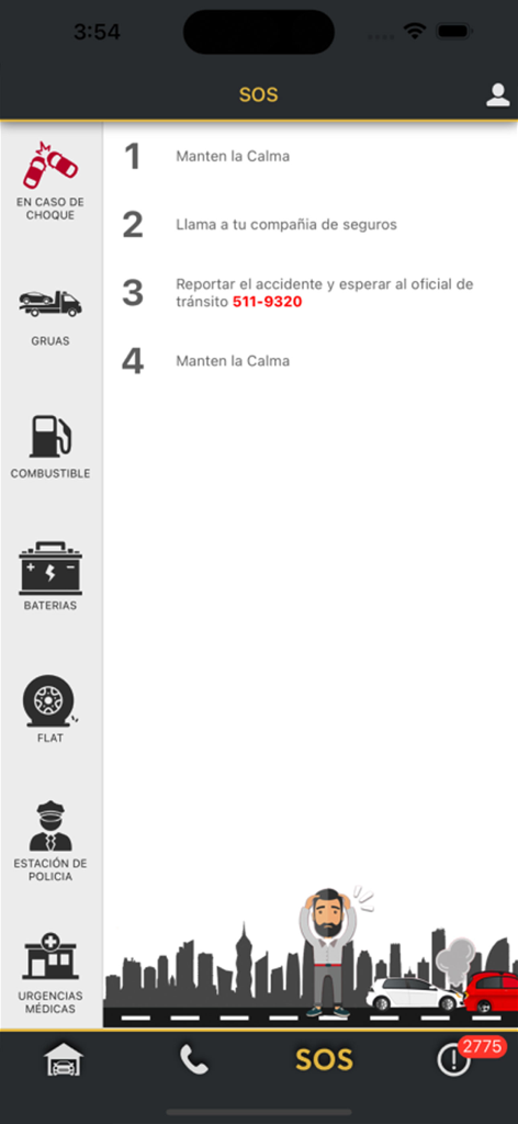 Grupo Silaba - Emergency assistance interface of the Grupo Silaba app with instructions for car accidents.