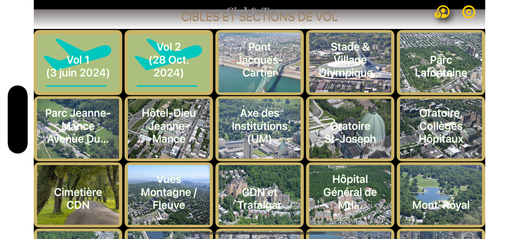 QuebecAir - A grid of aerial photography categories in the QuebecAir app showcasing Montreal landmarks like the Olympic Stadium and Mount Royal.