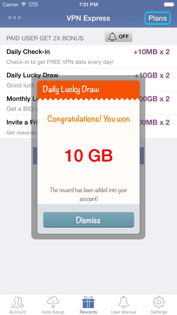 VPN Express - Free Mobile VPN - VPN Express mobile App, die eine Benachrichtigung über einen Gewinn von 10 GB Daten anzeigt.