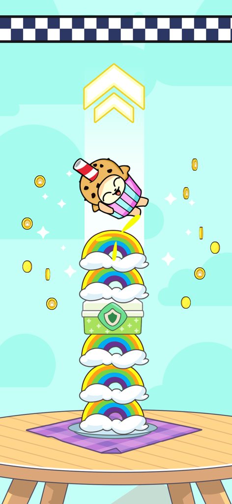 Um personagem de gato fofo em uma fantasia de boba pulando em uma pilha de pudins arco-íris para coletar moedas de ouro