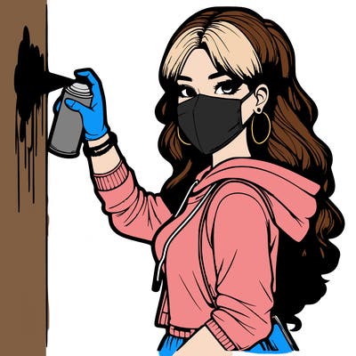 realistic girl with mask spray painting a wall