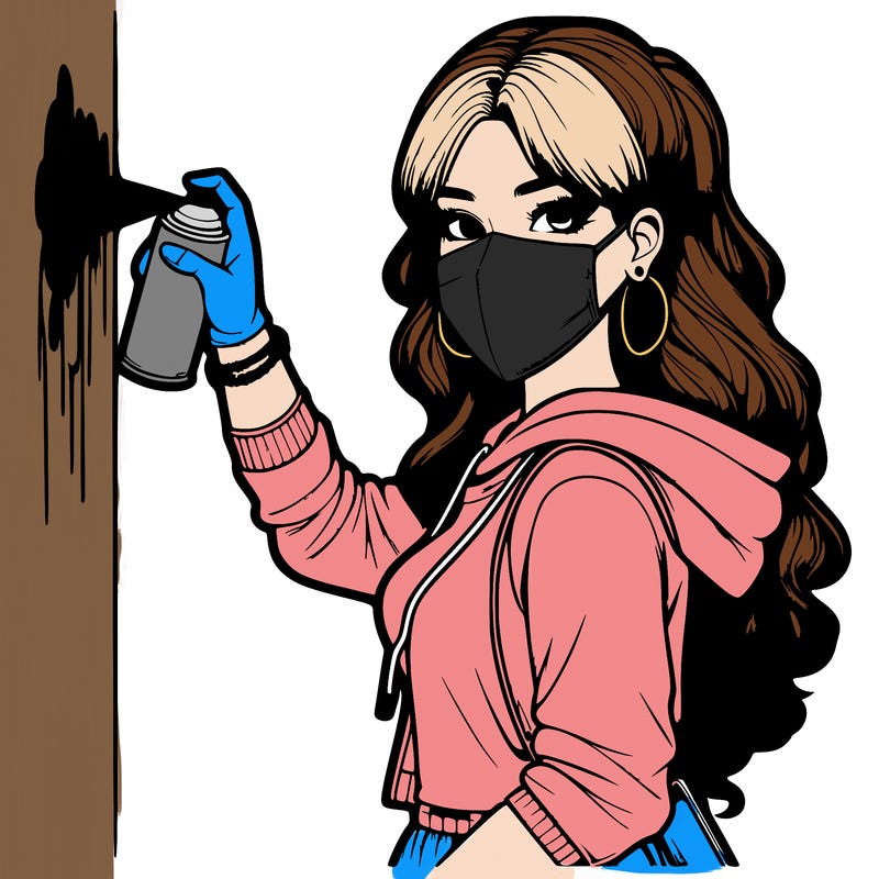 realistic girl with mask spray painting a wall