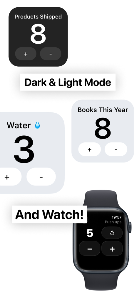 Tally Counter - Clicker App - Widgets do contador tally em modo escuro e claro com integração do aplicativo Apple Watch