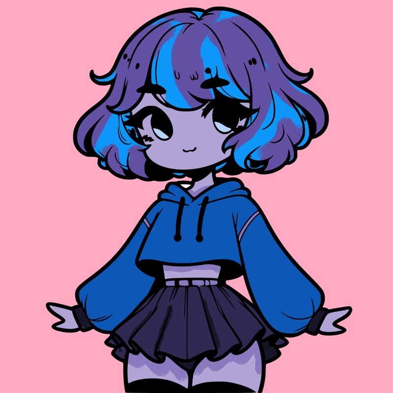 cute femboy with short, fluffy hair that softly frames their face, wearing a cropped hoodie, paired with a flouncy short skirt, and thigh-high stockings