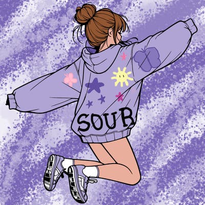 realistic girl jumping with a bun and oversized sweatshirt