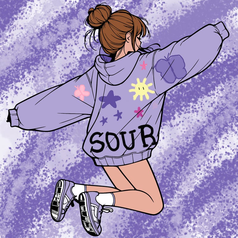 realistic girl jumping with a bun and oversized sweatshirt
