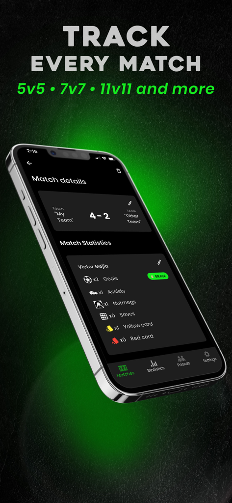 FUTX - FUTX mobile app screen displaying football match details and player statistics including goals assists and nutmegs