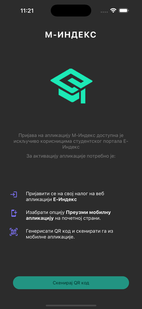 M-Indeks - M-Indeks mobile app activation page showing instructions to scan a QR code for student portal access