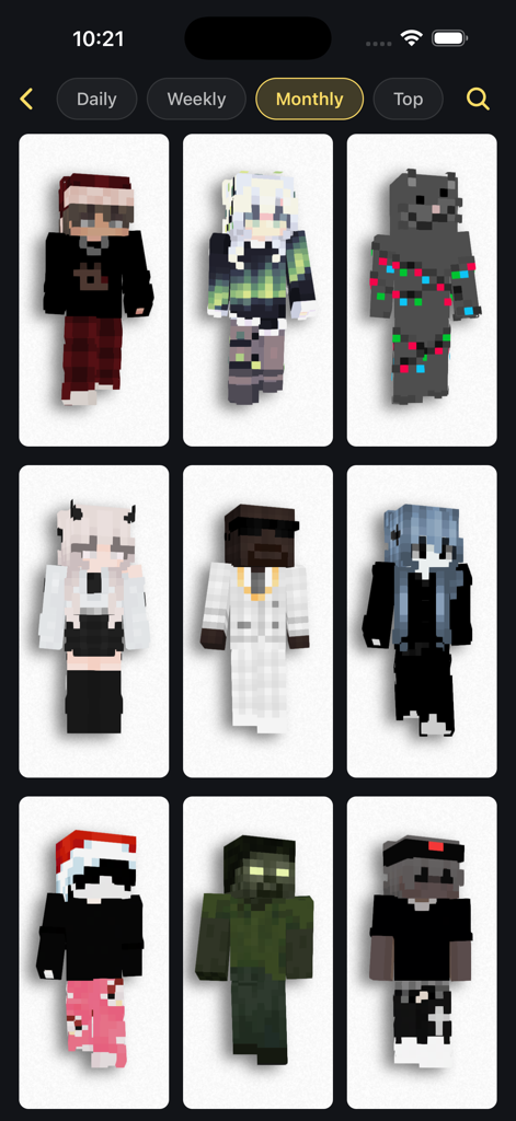 Monthly selection of trending Minecraft skins in the Craftkit app