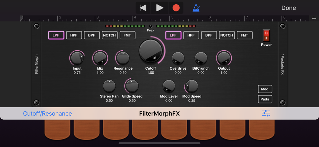 FilterMorph AUv3 audio plugin interface showing filter types and effect controls like cutoff and overdrive.