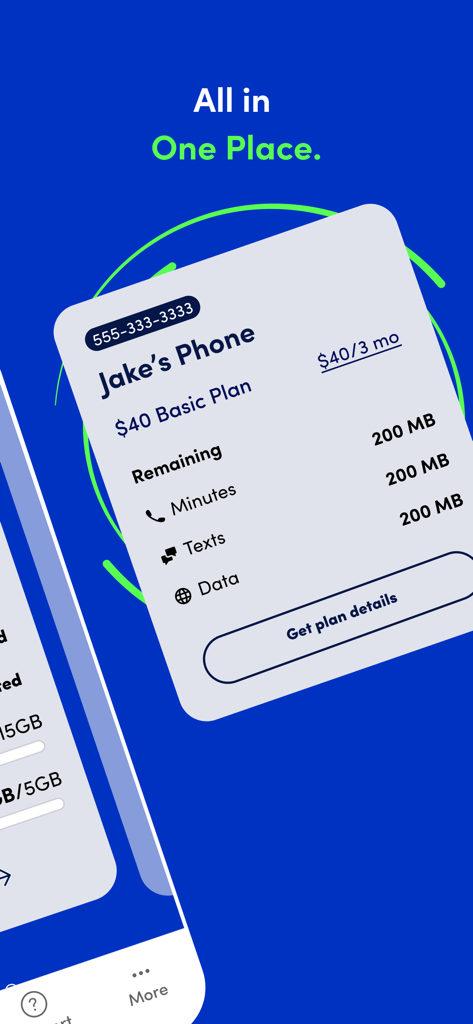 Screenshot of the Tracfone My Account app showing remaining minutes, texts, and data for a basic plan.