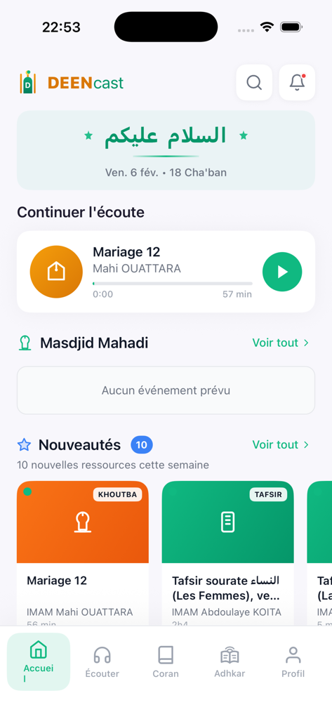 DeenCast - DeenCast mobile app home screen showing Islamic audio content including khutba and tafsir with a greeting in Arabic