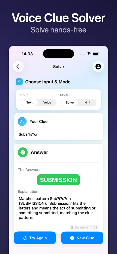 Crossword Clue Solver: Crossy - Interface of Crossy app showing voice input feature and a solved crossword clue with explanation