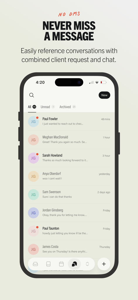 A screenshot of the Venue Ink app interface showing a list of client chat messages and booking requests for tattoo artists