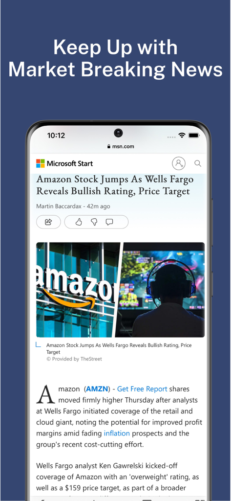 Uno smartphone che mostra un articolo di notizie finanziarie urgenti sul titolo Amazon all'interno dell'app Stock Master.