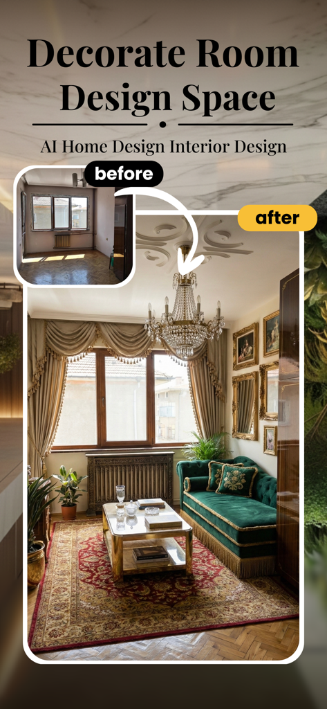 House AI - Interior Design Pro - A before and after room transformation showing a bare space turned into a luxury living room using House AI