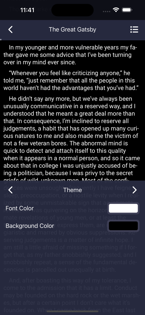 Inkwell - Customizable Ebooks - Inkwell app reading screen showing theme settings for font and background colors