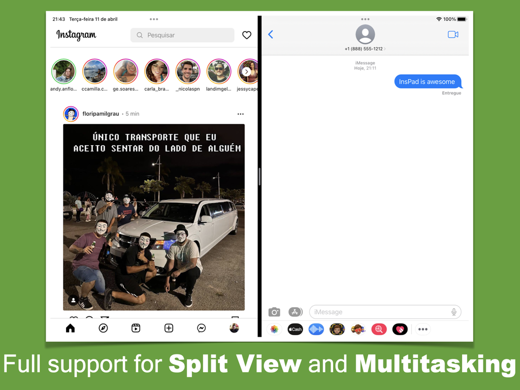InsPad for Instagram - InsPad for Instagram 앱이 메시지 앱과 함께 iPad에서 분할 보기 멀티태스킹 모드로 실행됨.