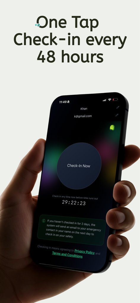 Are You Dead or Alive?! - A hand holding a smartphone showing the one-tap check-in screen of the Are You Dead or Alive safety app.